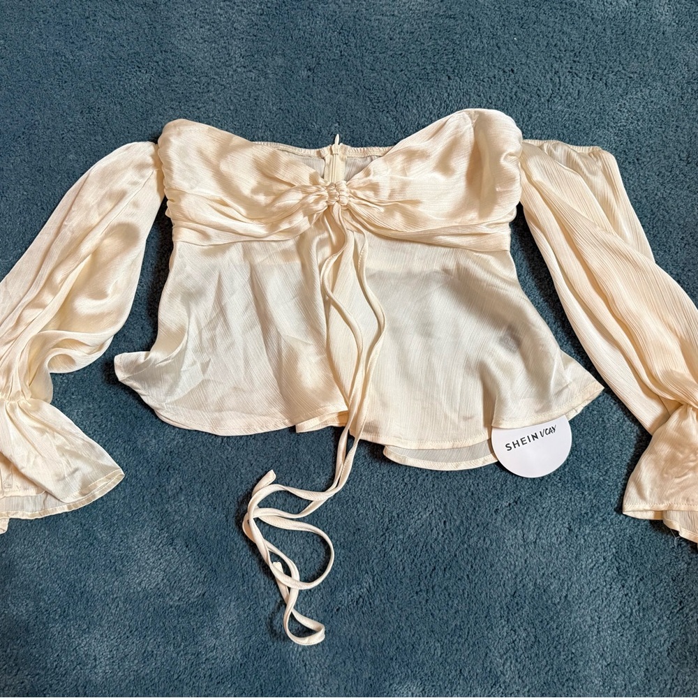 NWT SHEIN Cream Off-Shoulder Tie-Front Long Sleeve Blouse
